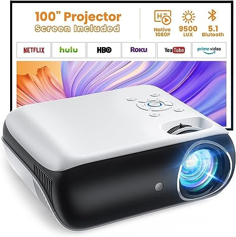 HAPPRUN Projector, Native 1080P Bluetooth Projector with 100 Inch Screen, 9500L Portable Outdoor Movie Projector Compatible with Smartphone, HDMI, USB, AV, Fire Stick, PS5