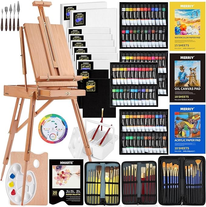 155-Piece All-in-One Artist Painting Kit with French Easel, 48 Colors Acrylic Paints, 24 Colors Oil Paints, 24 Colors Watercolor Paints, Professional Paint kit for Adult, Artist, Beginner