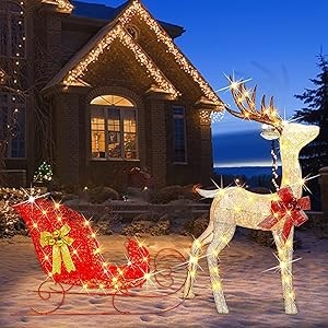 Zcaukya Christmas Yard Decoration, 4 FT 120 LEDs Pre-lit 3D Reindeer & Sleigh Outdoor Decorations, Warm White Light Up Glittered Standing Ornaments for Xmas Garden Patio Lawn Front Door Display